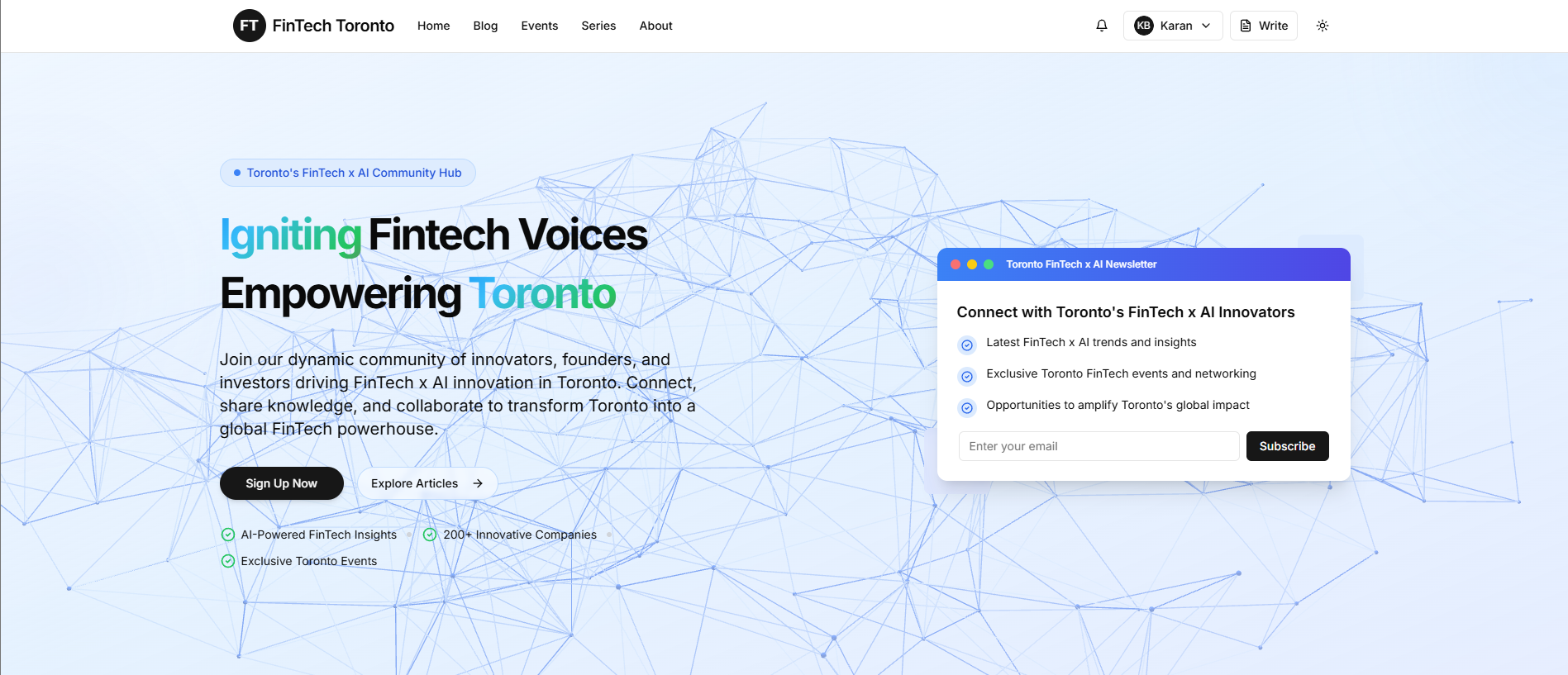 Design engineering + UX showcase: FintechToronto.com platform interface